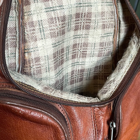 VTG Cognac Leather Backpack Bag • Rustic, Heritage Academia • Plaid Interior - Picture 3 of 11